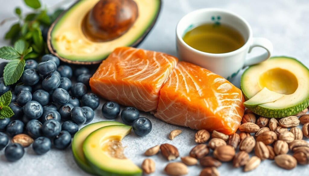 The best foods to improve brain health: blueberries, salmon, avocados, green tea, and nuts.