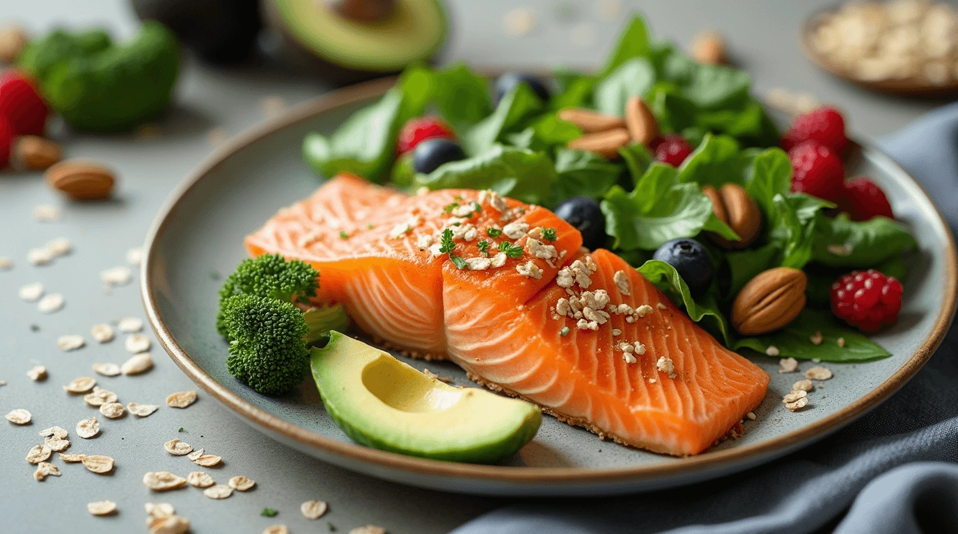 A colorful assortment of heart-healthy foods, including salmon, leafy greens, nuts, and berries, displayed on a wooden table.