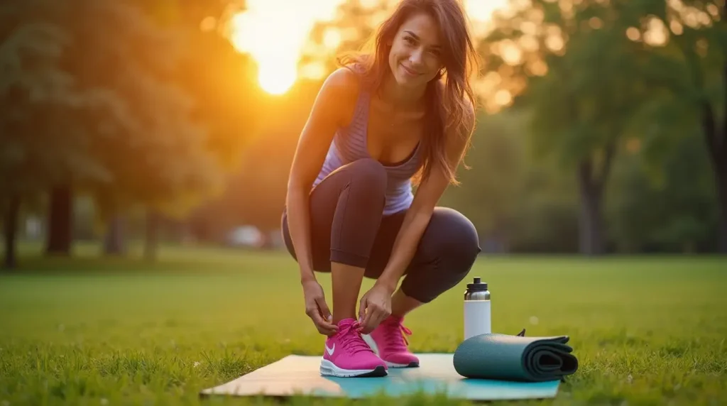 A person starting their weight loss journey in a park at sunrise, tying their running shoes with a water bottle nearby, surrounded by green trees and golden sunlight.