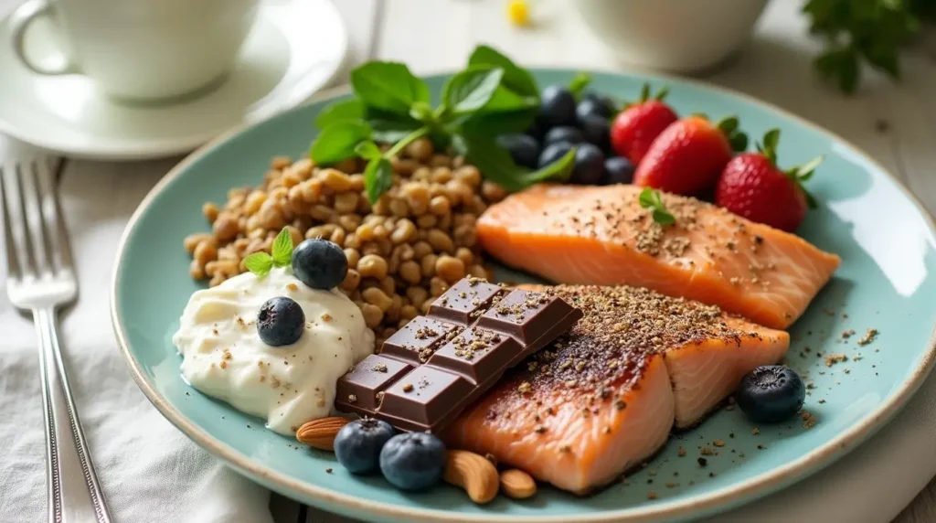 A healthy plate of foods to treat depression, including salmon, dark chocolate, nuts, berries, leafy greens, yogurt, and legumes."