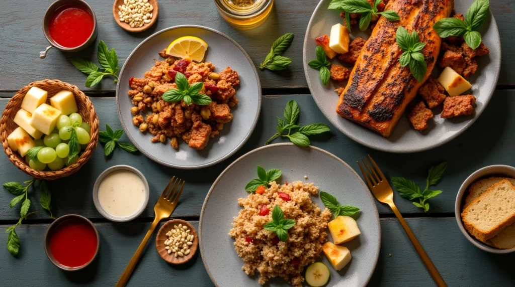 Healthy food ingredients like salmon, leafy greens, nuts, and fruits on a wooden table, symbolizing the connection between nutrition and mental health